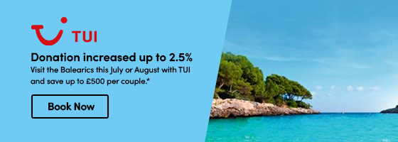 Visit the Balearics this July or August with TUI and save up to £500 per couple.*  Donation increased up to 2.5%